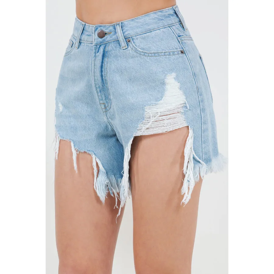 American Bazi High Waist Fringed Hem Denim Shorts