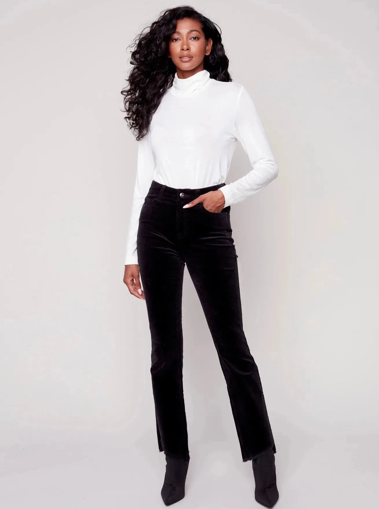 Assymetrical Hem Bootcut Pant [Black-C5429]