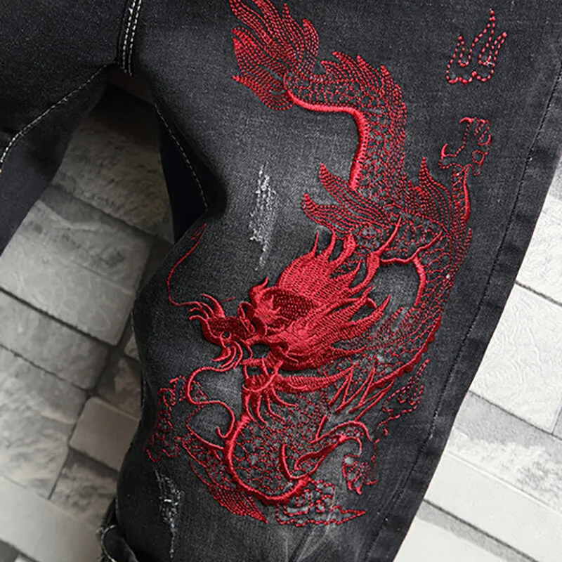 Auspicious Dragon Embroidered Cotton Denim Shorts