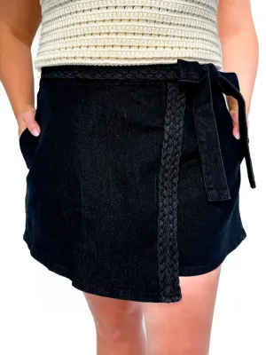 Black Denim Wrap Skort