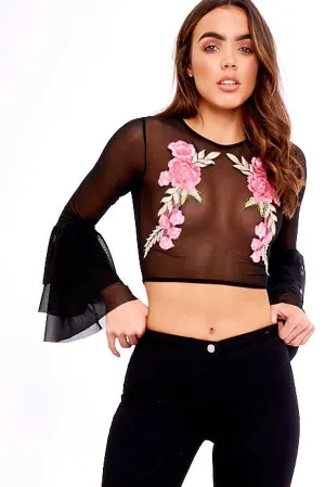 Black Mesh Embroidered Frill Sleeve Crop Top - Darla