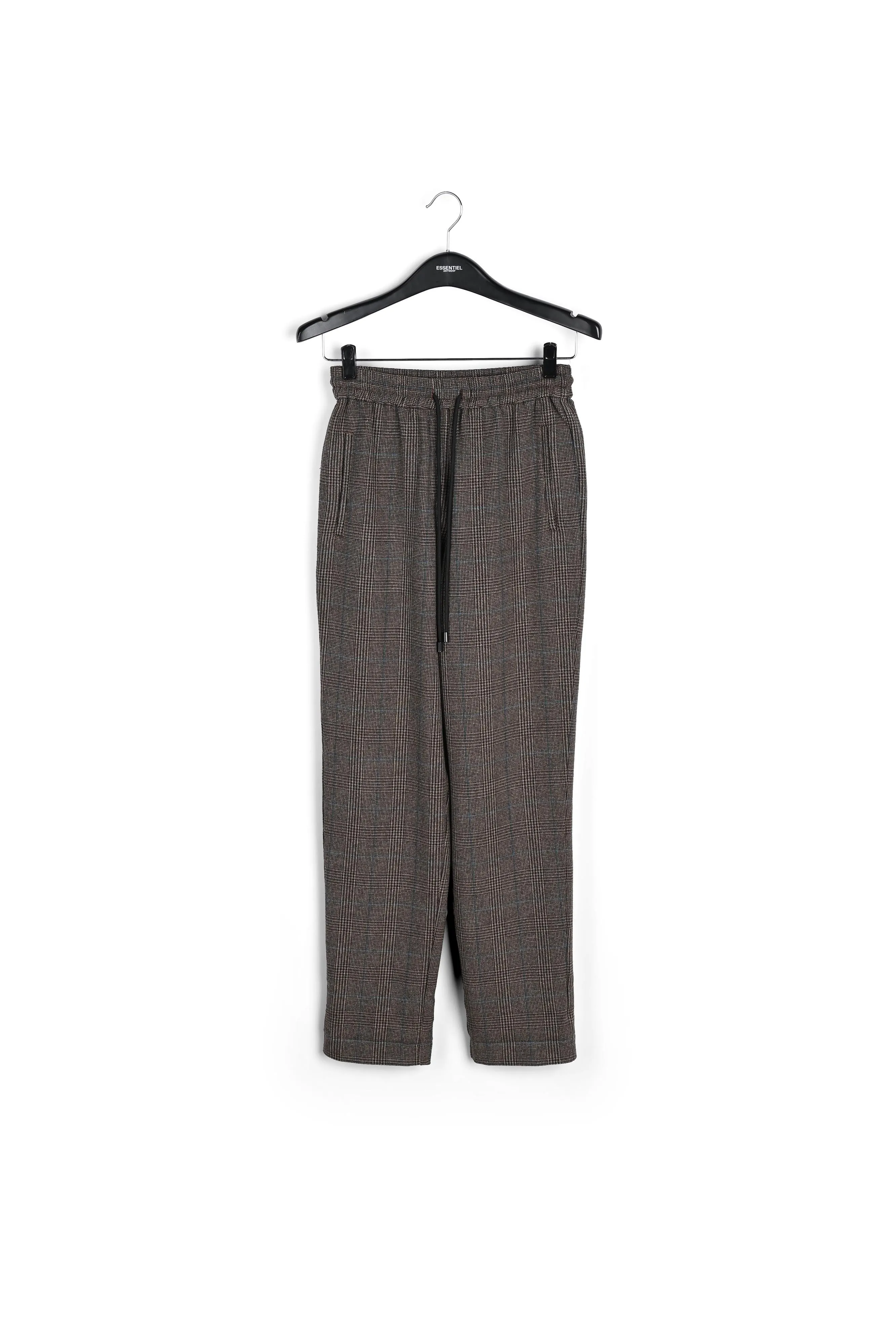 Brown pants with beige and pink check motif