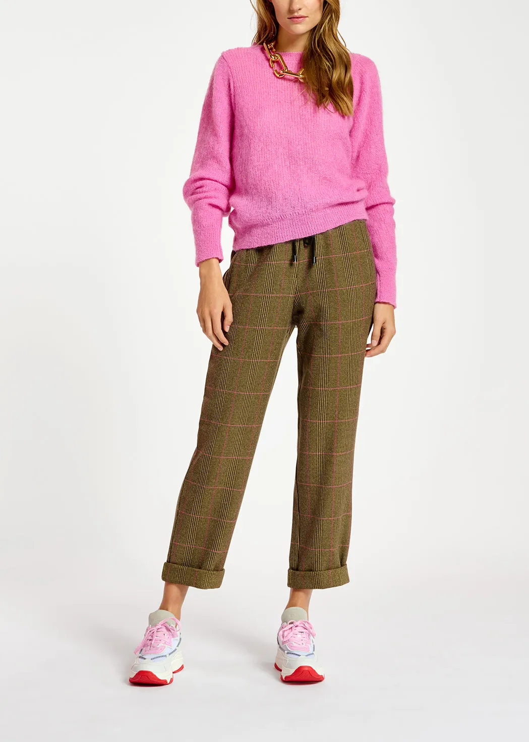 Brown pants with beige and pink check motif