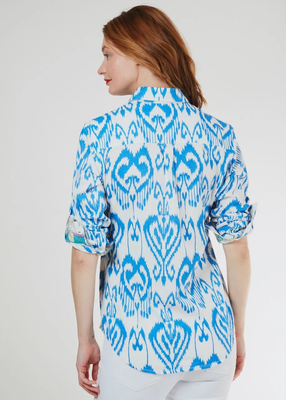 Cannes Popover Shirt - Blue White Ikat