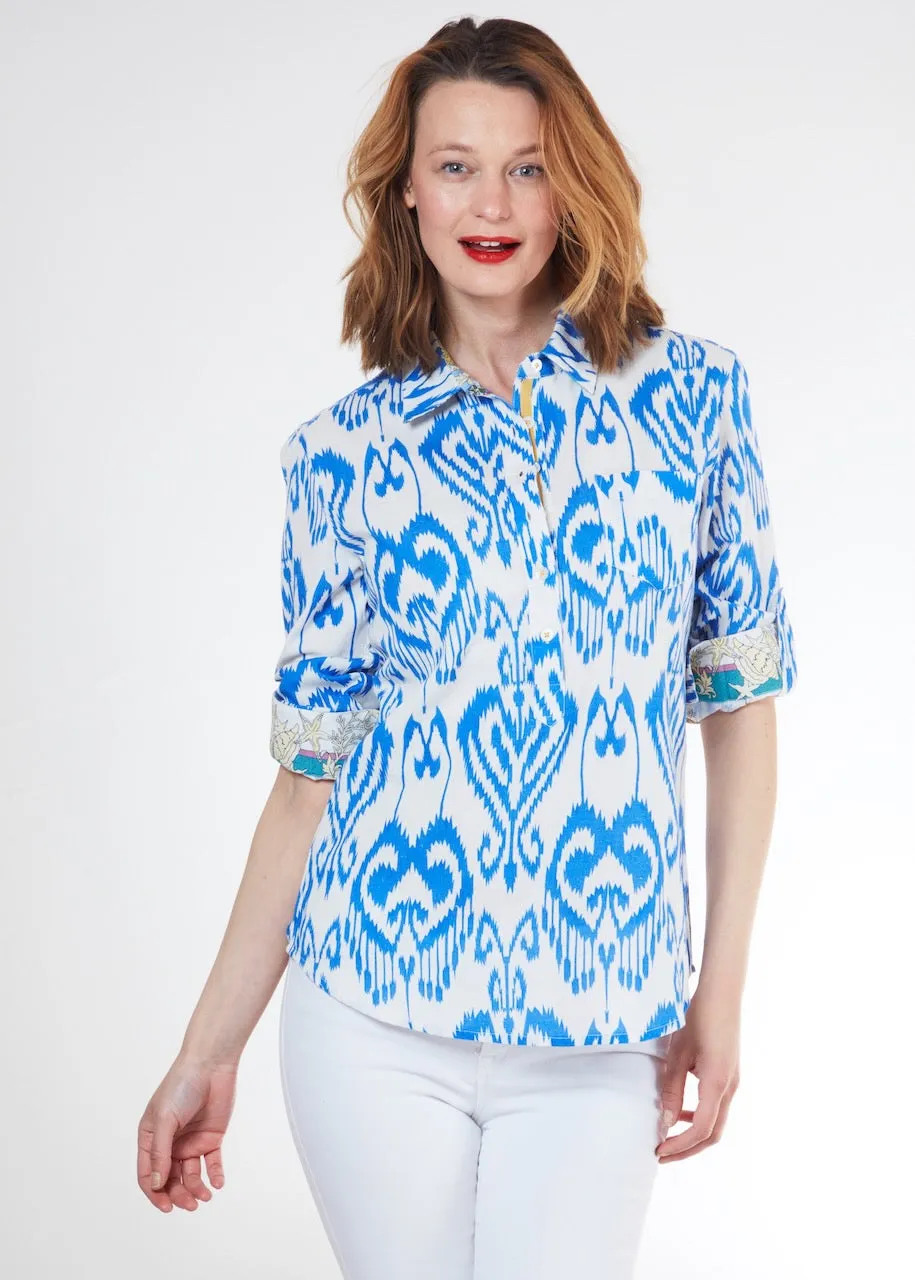 Cannes Popover Shirt - Blue White Ikat