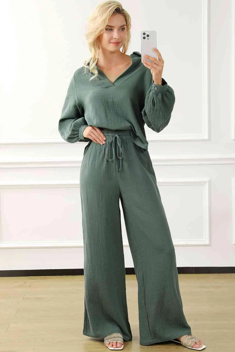 Chic Rayon Two-Piece Set with Collared Top and Drawstring Pants - Effortless Style