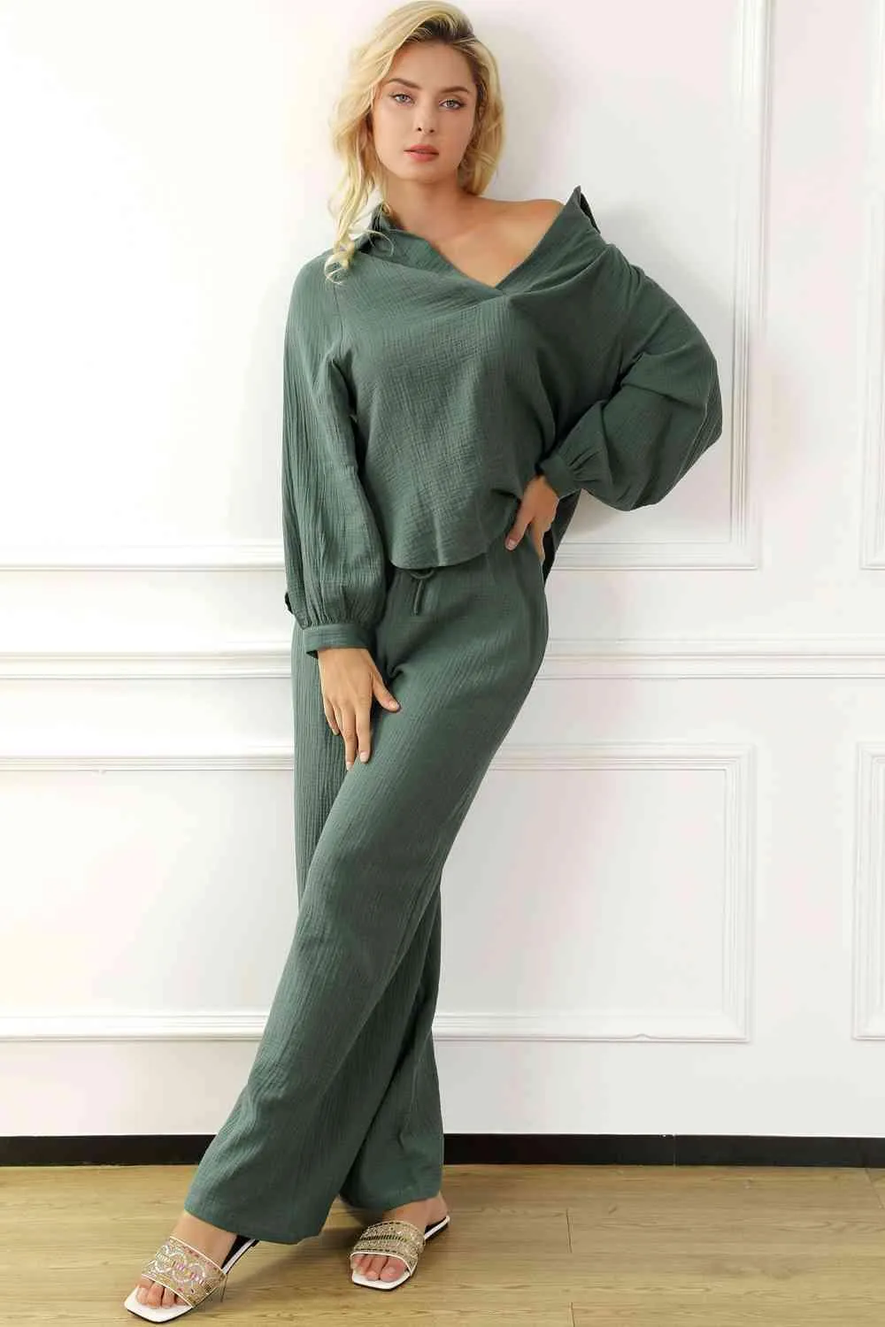 Chic Rayon Two-Piece Set with Collared Top and Drawstring Pants - Effortless Style