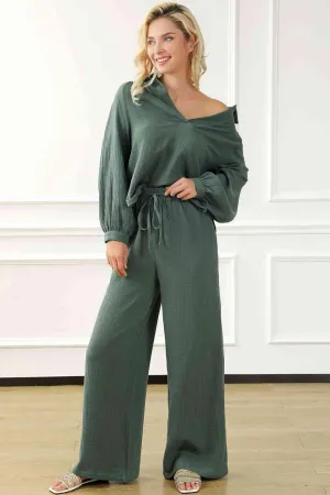 Chic Rayon Two-Piece Set with Collared Top and Drawstring Pants - Effortless Style