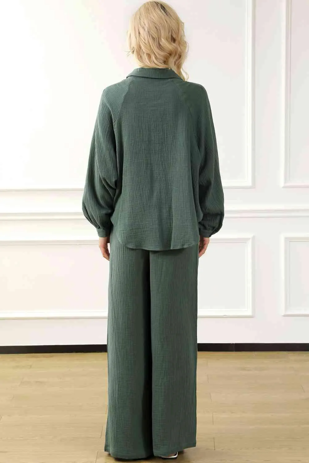 Chic Rayon Two-Piece Set with Collared Top and Drawstring Pants - Effortless Style