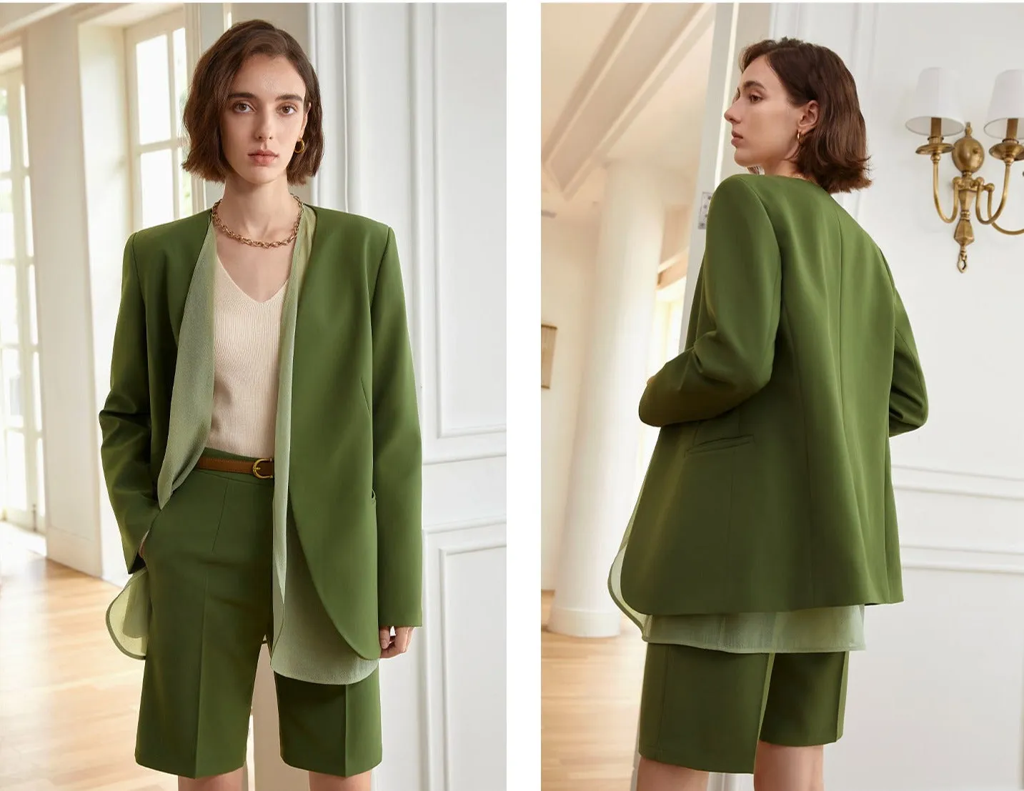 Collection of high-end, retro trousers, crafted with a drape high waist short suit set- Colo