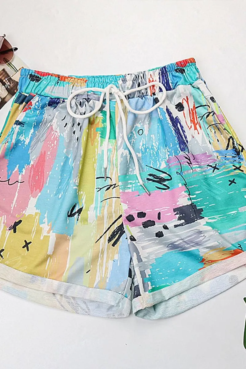 COLORING DRAWSTRING LOOSE ROLL UP SHORTS