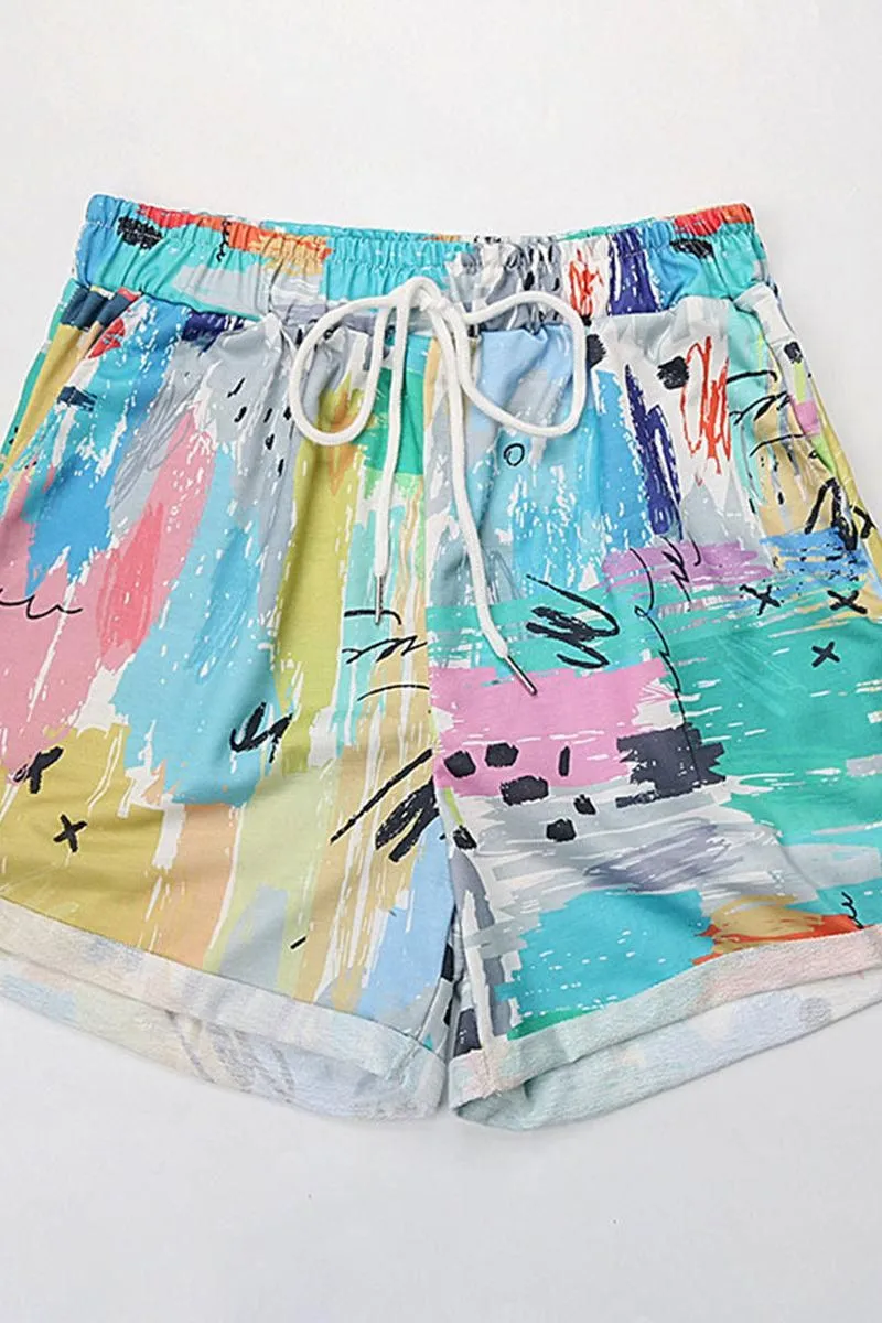 COLORING DRAWSTRING LOOSE ROLL UP SHORTS