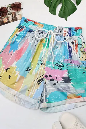 COLORING DRAWSTRING LOOSE ROLL UP SHORTS