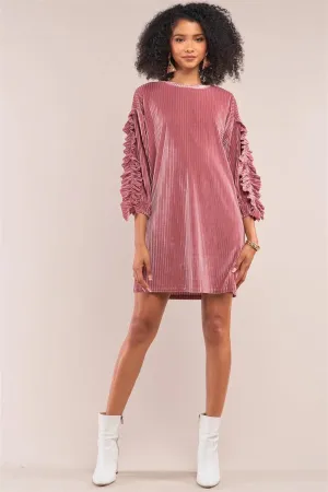 Coral Pink Velvet Ribbed Ruffle Trim Detail Long Sleeve Crew Neck Tunic Mini Dress /1-2-1