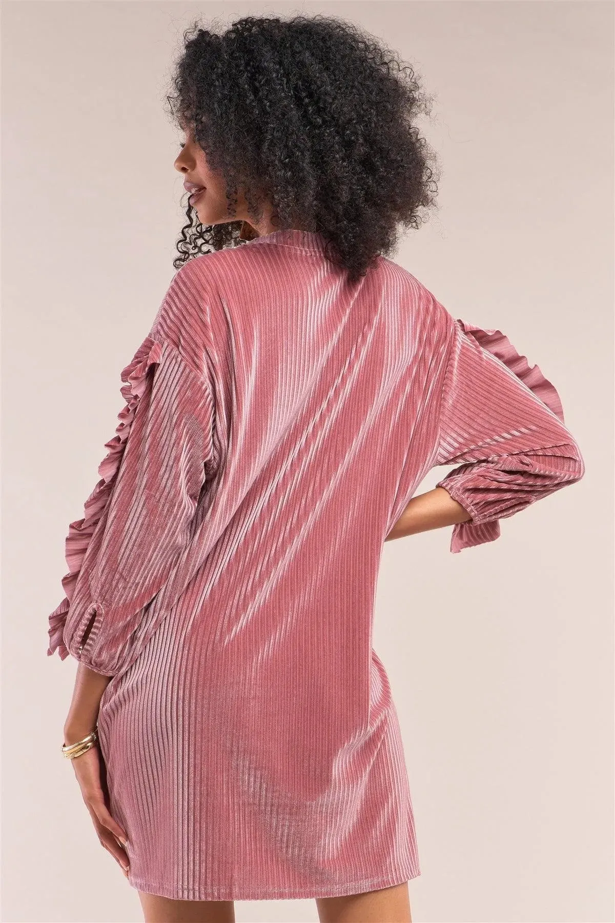 Coral Pink Velvet Ribbed Ruffle Trim Detail Long Sleeve Crew Neck Tunic Mini Dress /1-2-1