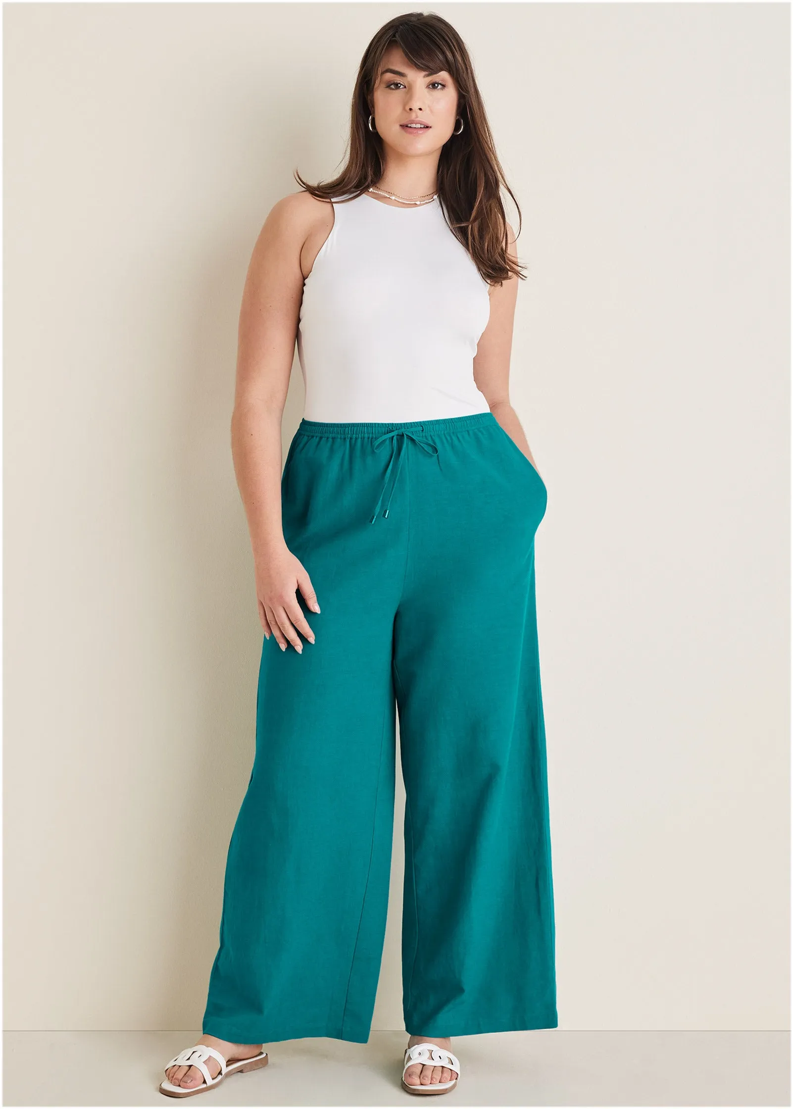 Cotton Linen Wide Leg Pants - Teal