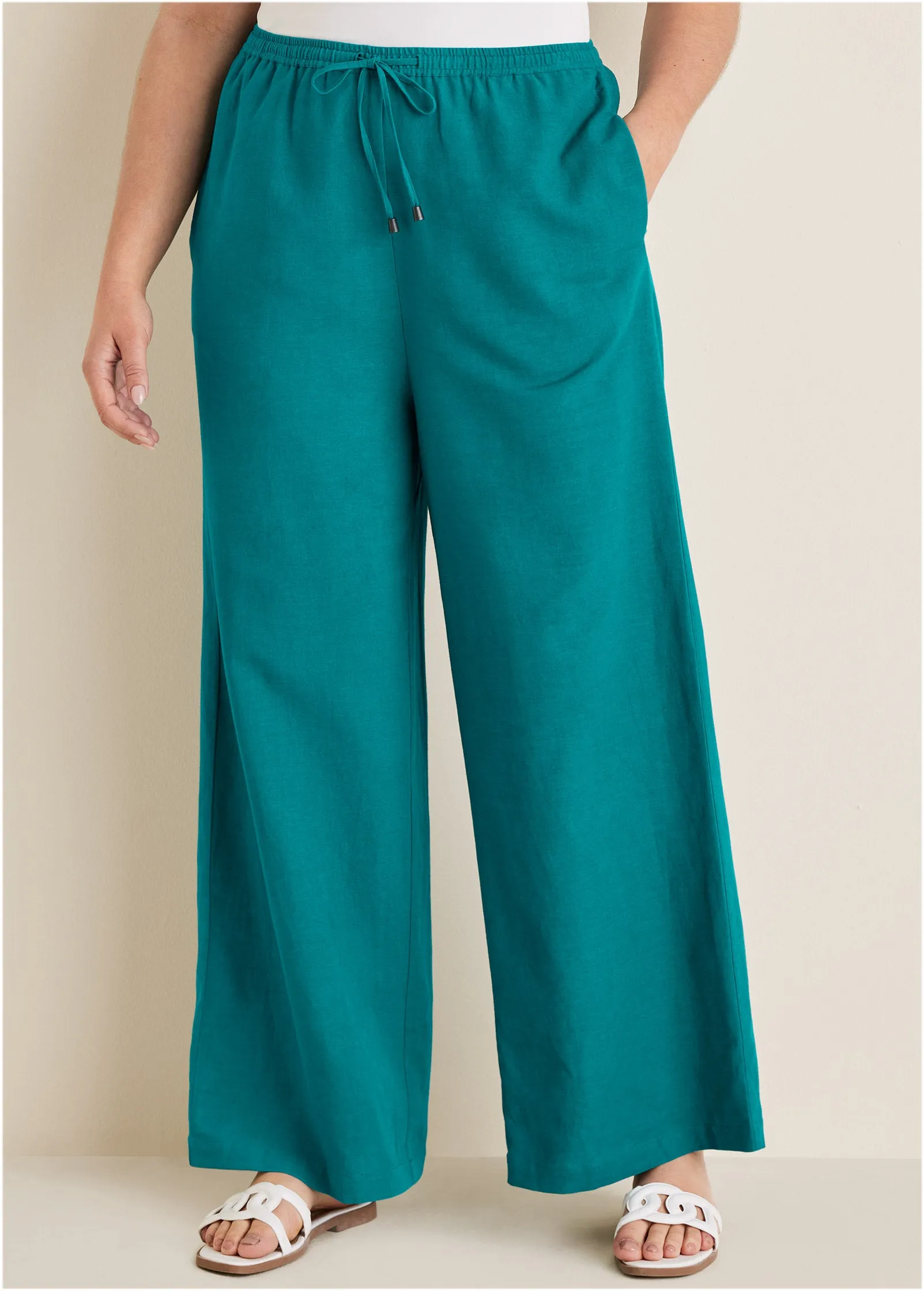 Cotton Linen Wide Leg Pants - Teal