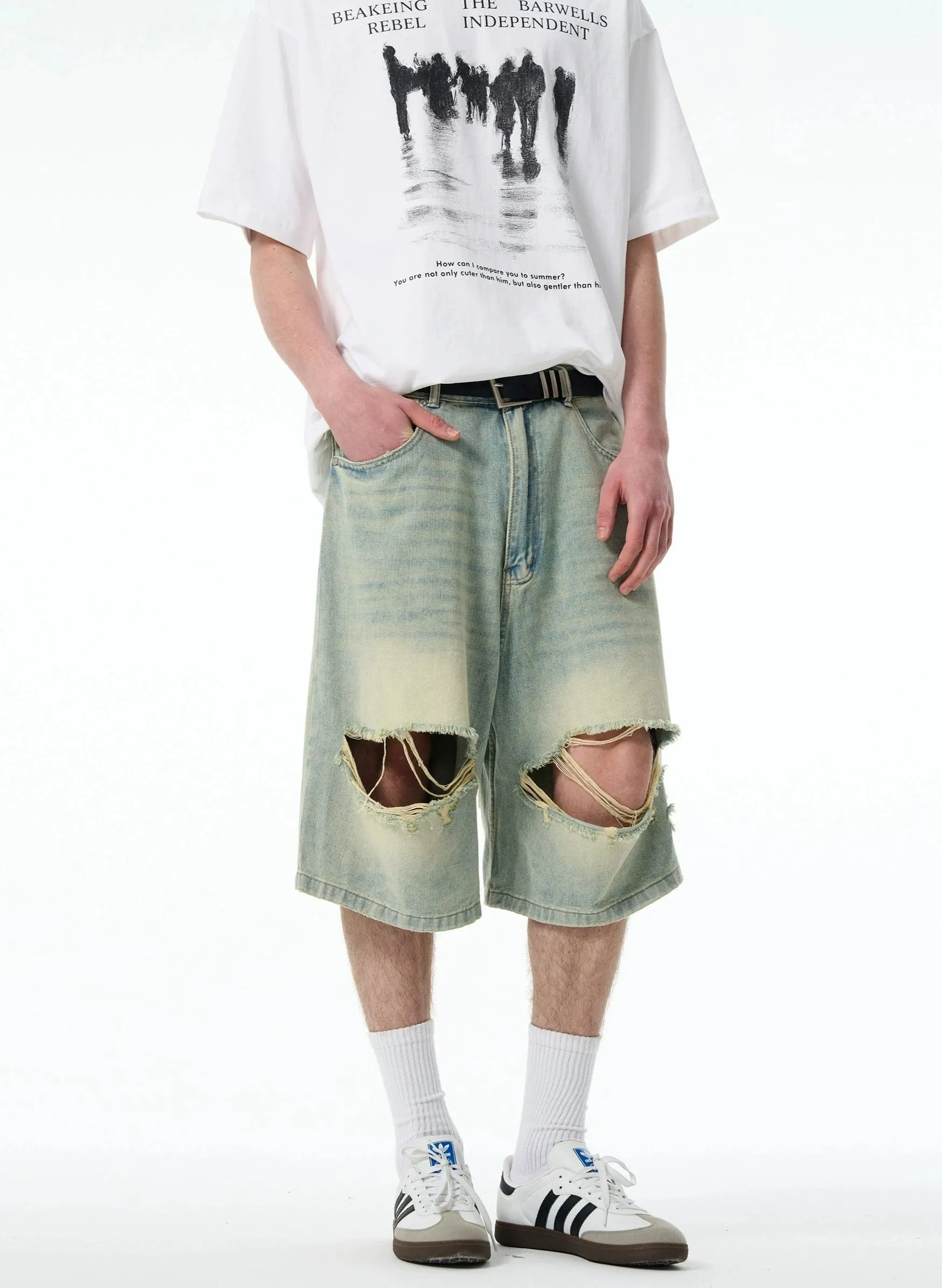 Distressed Denim Bermuda Shorts with Frayed Hems