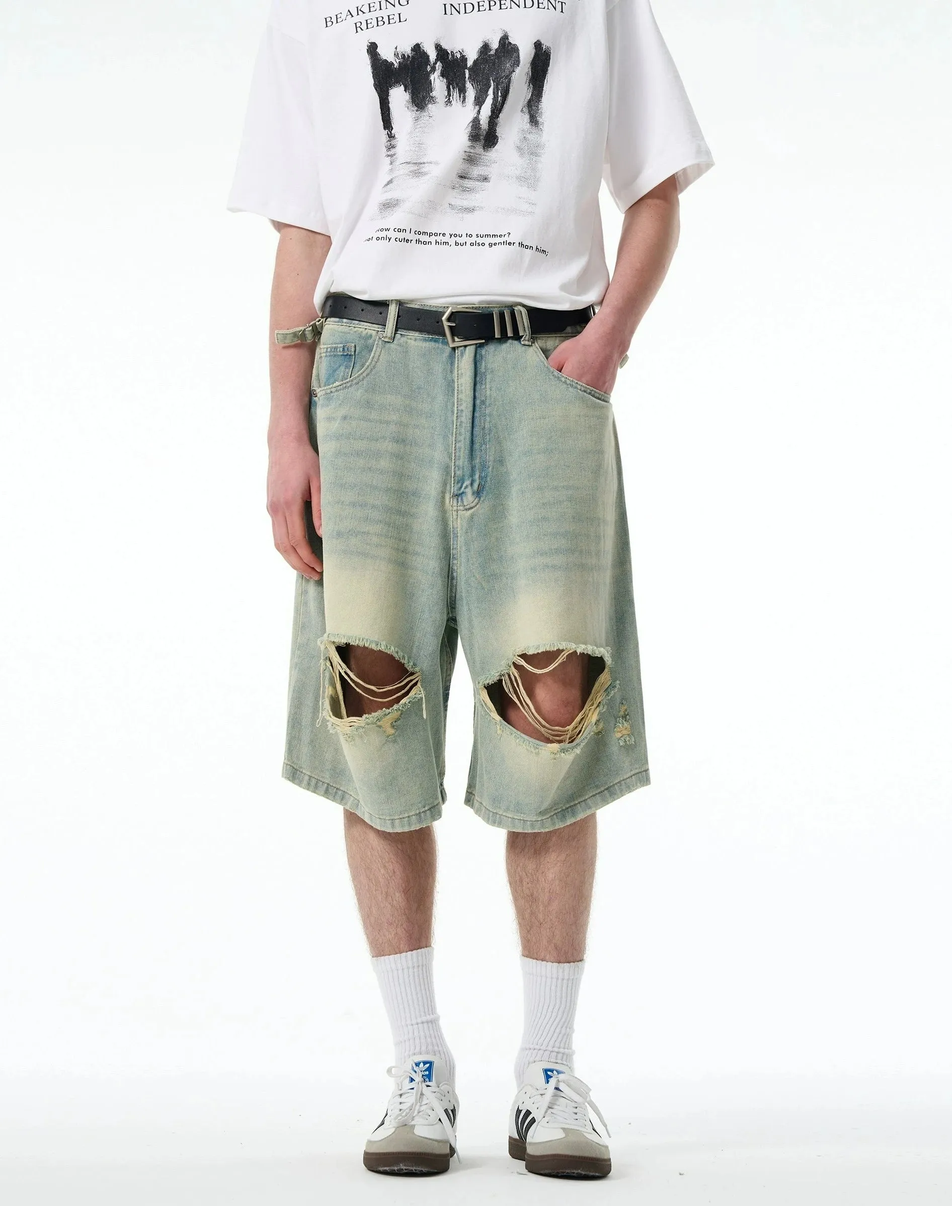 Distressed Denim Bermuda Shorts with Frayed Hems