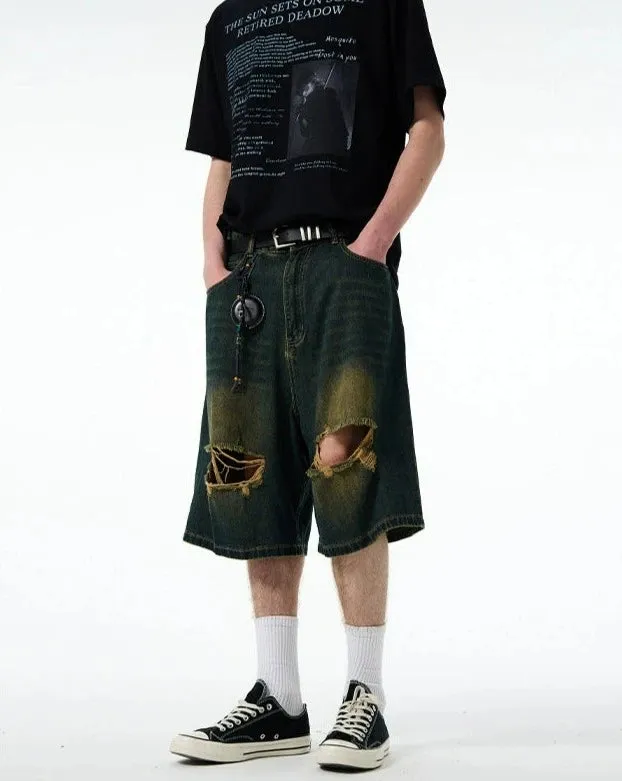 Distressed Denim Bermuda Shorts with Frayed Hems