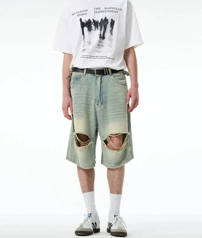 Distressed Denim Bermuda Shorts with Frayed Hems