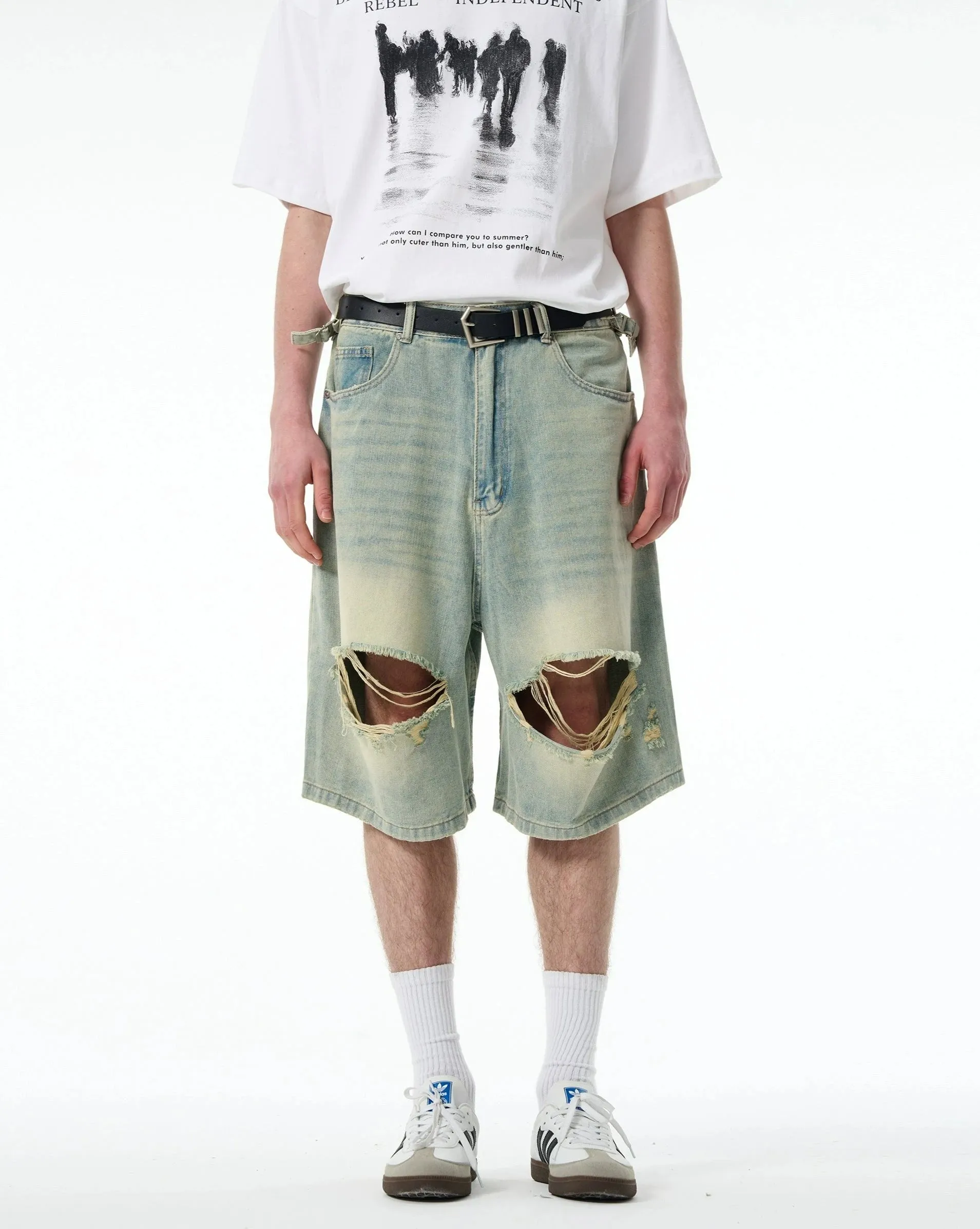 Distressed Denim Bermuda Shorts with Frayed Hems
