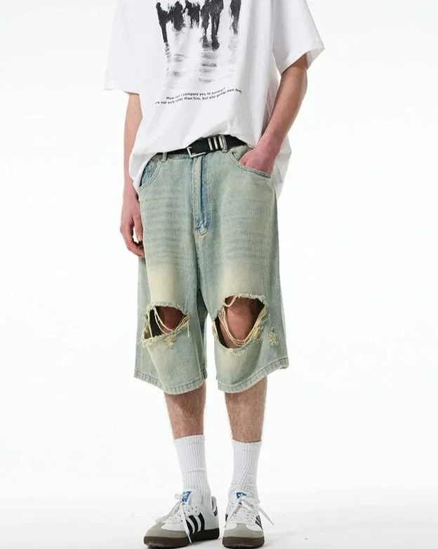 Distressed Denim Bermuda Shorts with Frayed Hems
