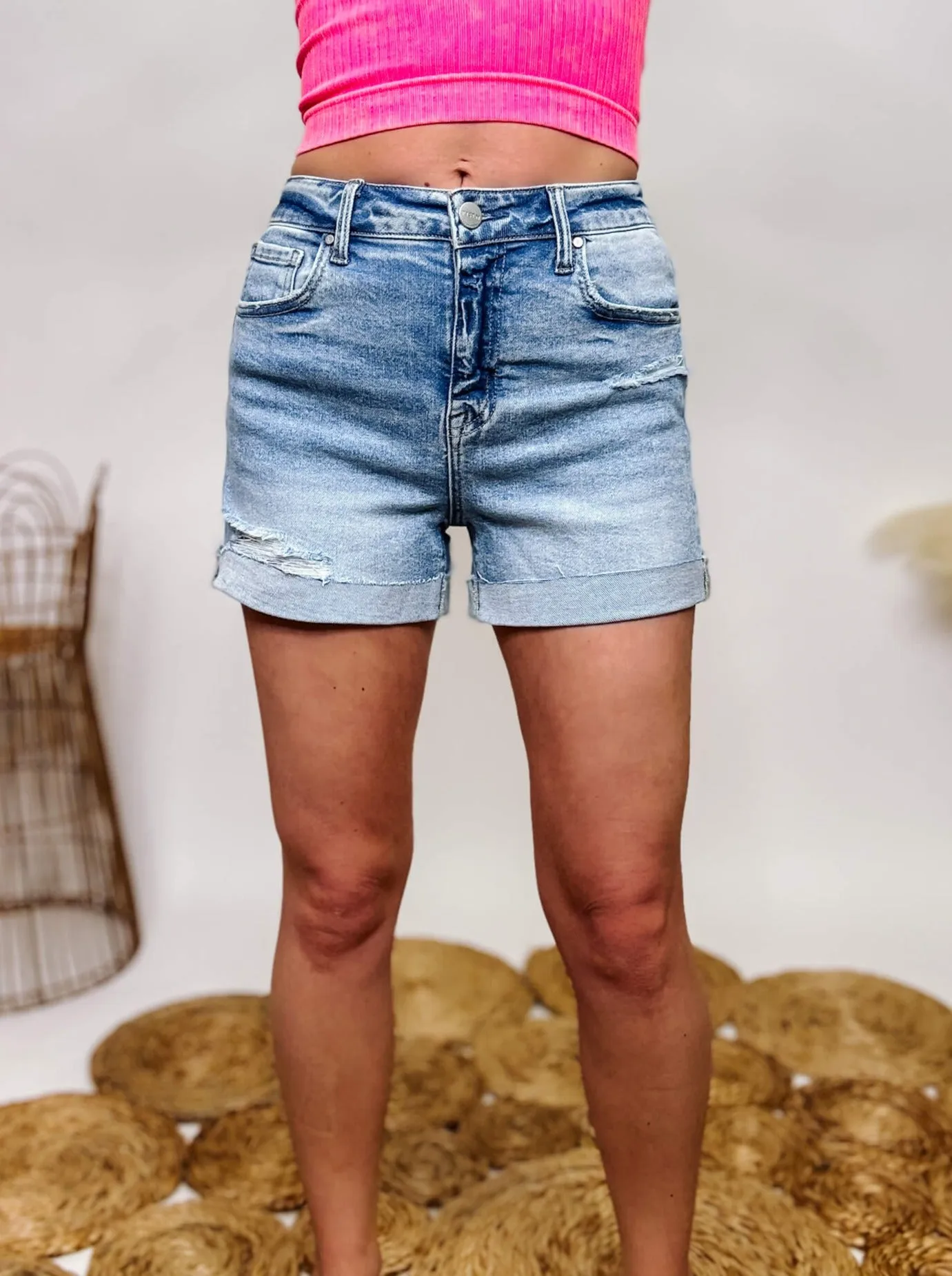 DOORBUSTER - Risen Denim Shorts with Rolled Hem