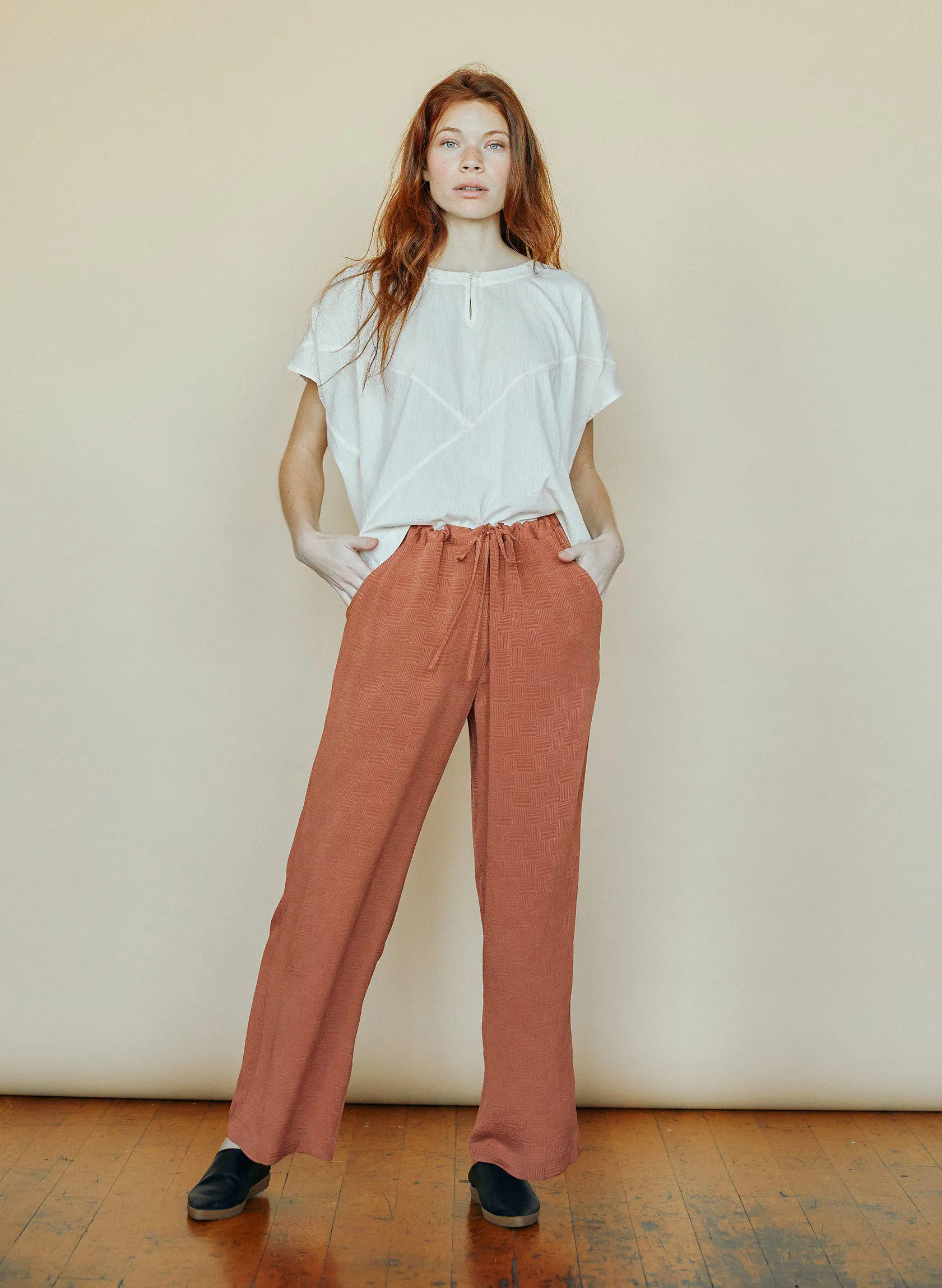 Drawstring Pants, rust silk jacquard