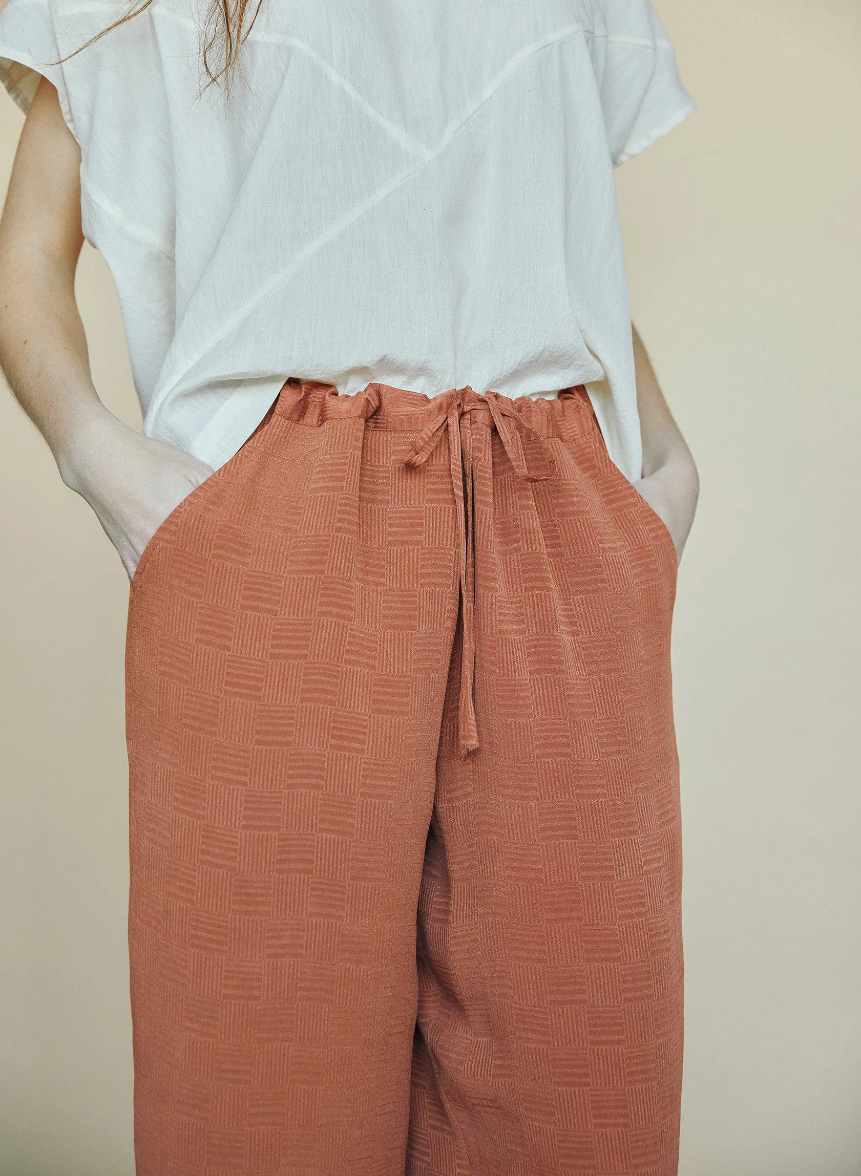 Drawstring Pants, rust silk jacquard