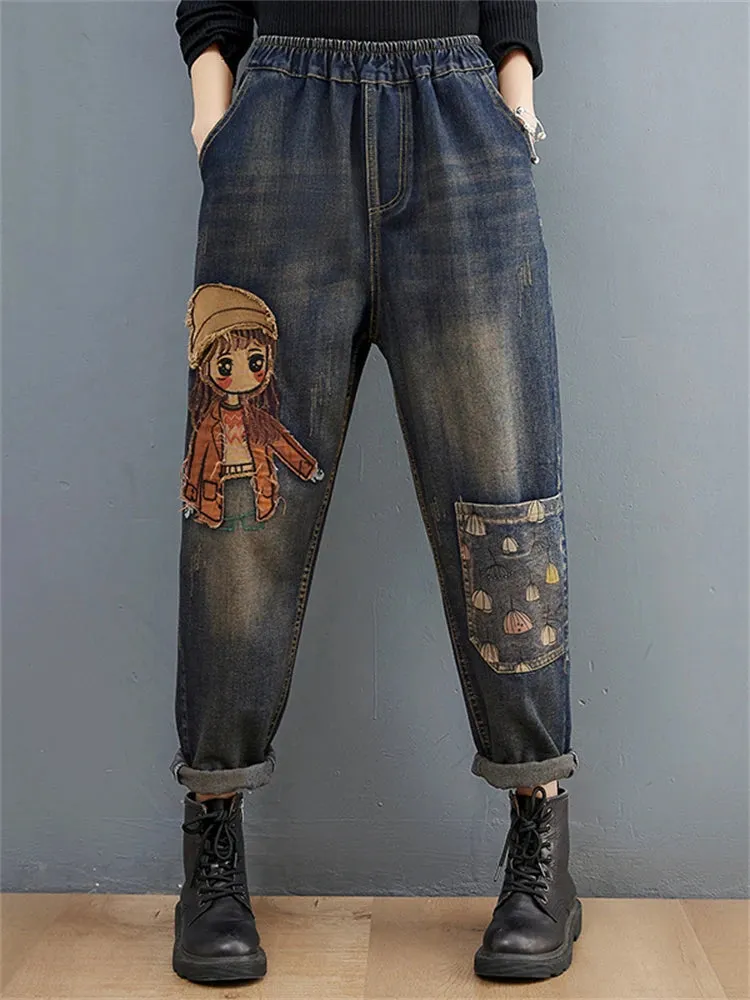 Embroidery Denim Pants For Trendy Casual High Waist Harem Jeans