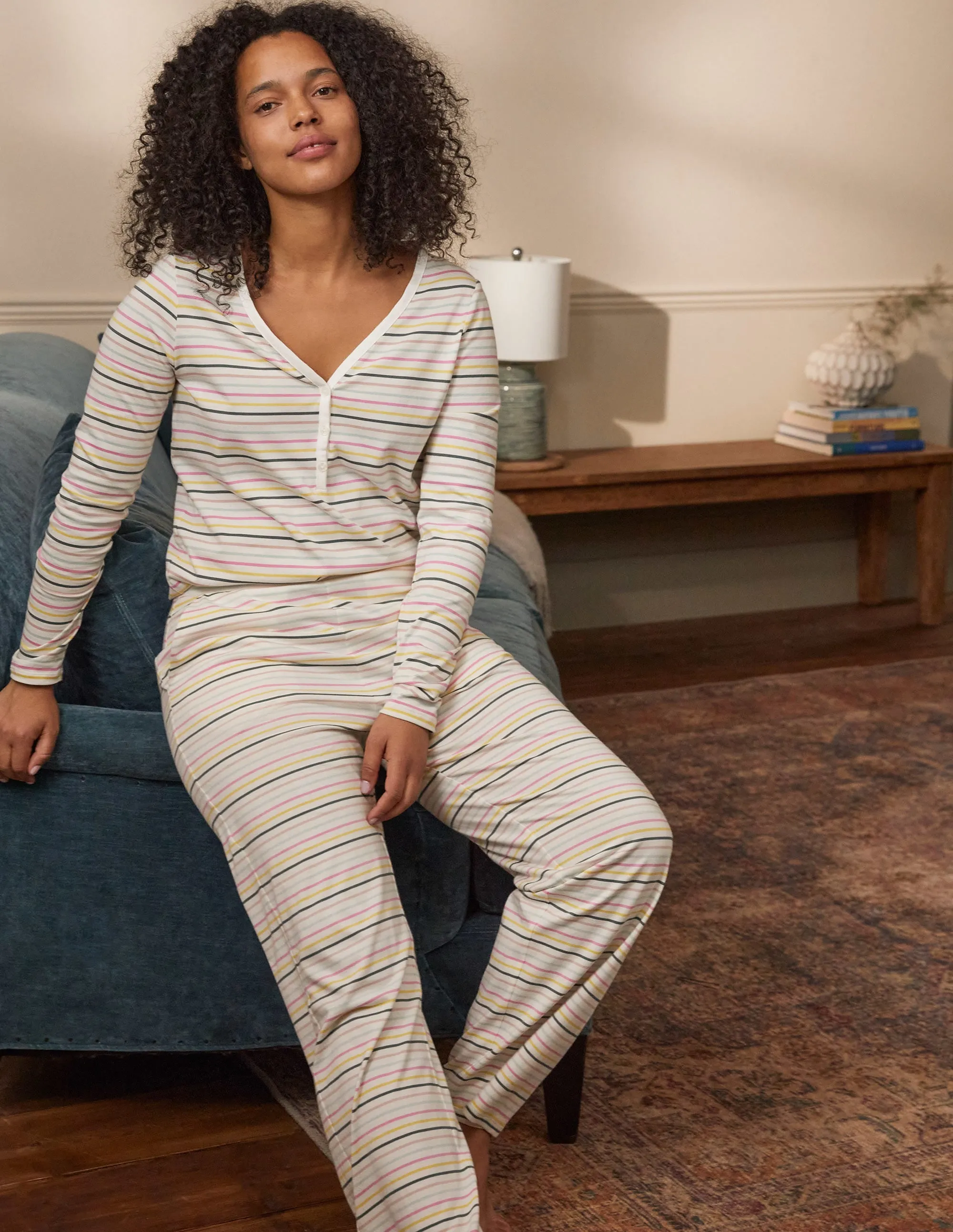 Emma Pyjama Bottoms-Pale Lemon and Heath Stripe