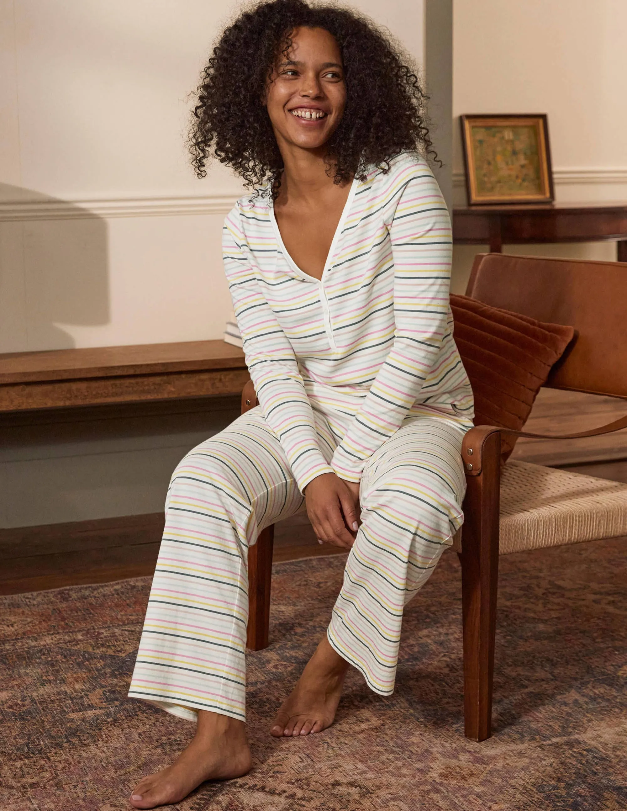 Emma Pyjama Bottoms-Pale Lemon and Heath Stripe