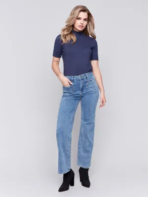 Flare Jeans With Heart Shaped Pockets - Medium Blue