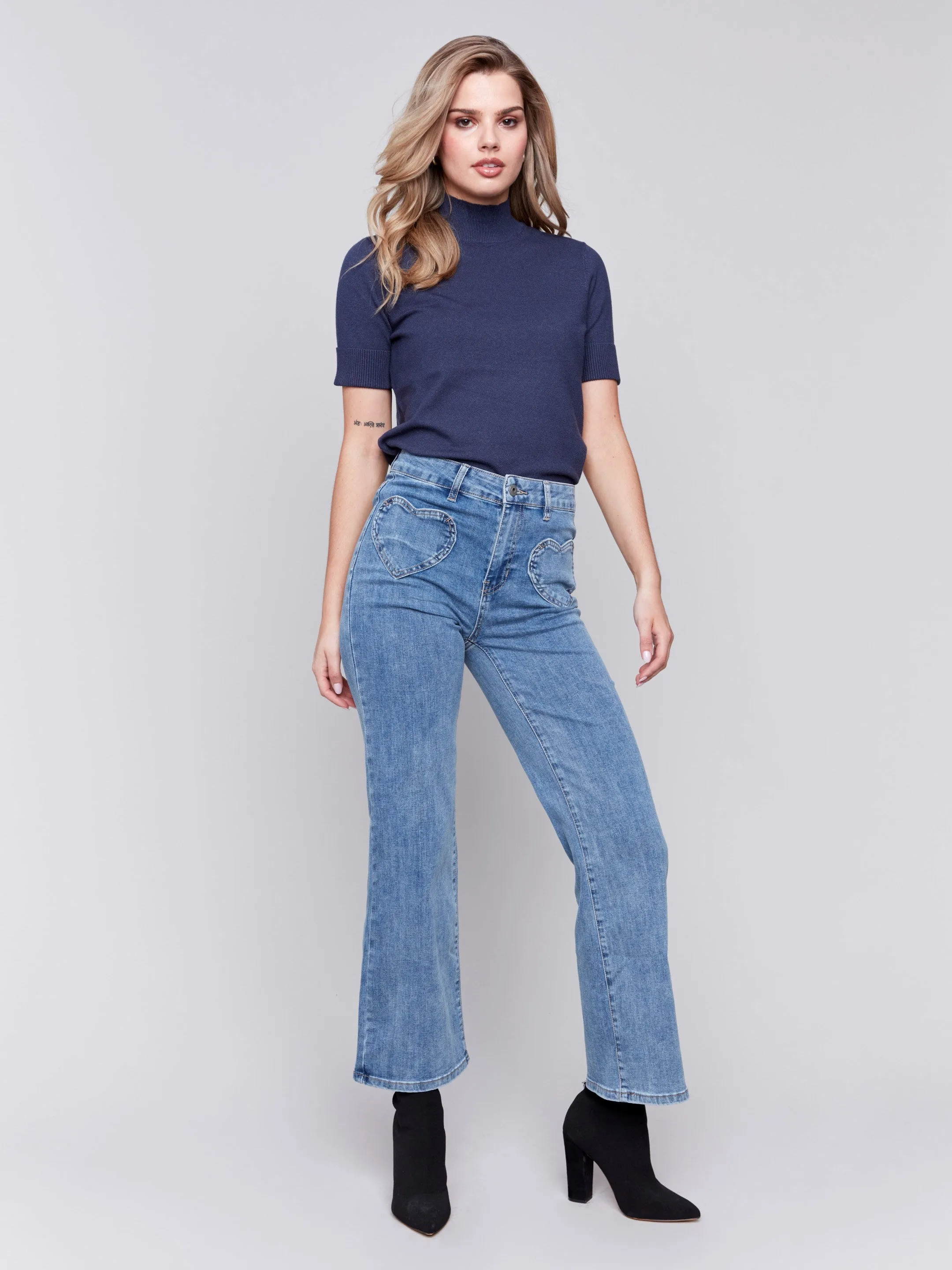 Flare Jeans With Heart Shaped Pockets - Medium Blue
