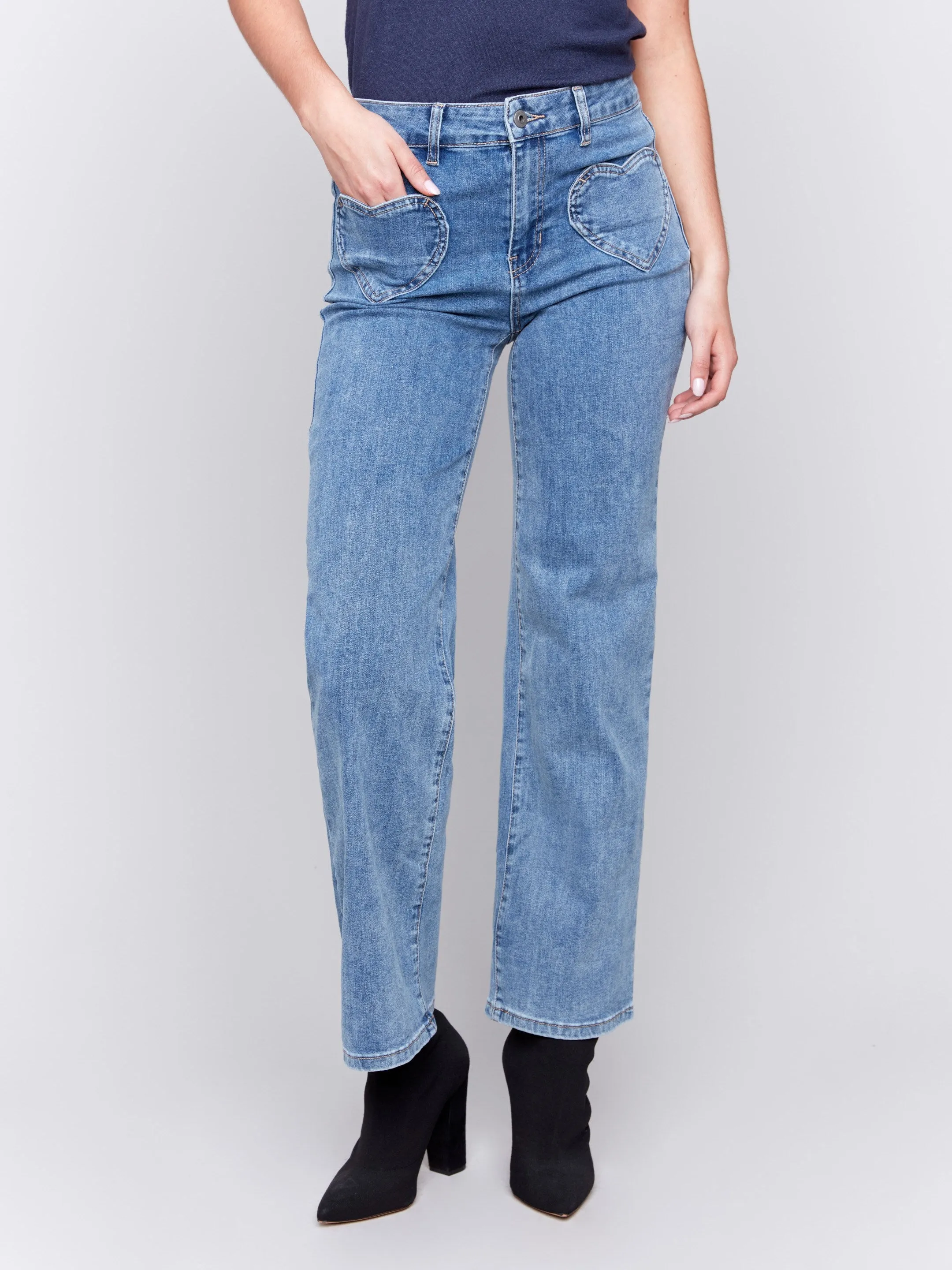 Flare Jeans With Heart Shaped Pockets - Medium Blue