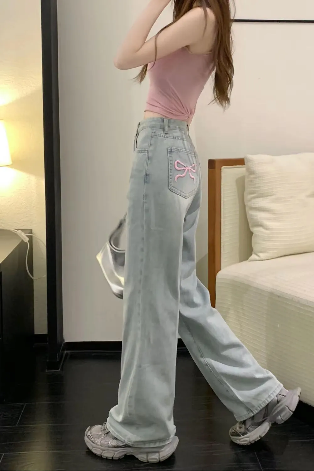 Flytonn-cute winter outfits casual winter outfits christmas outfit party look inspos High Waist Cute Pocket Bow Embroidered Long Jeans Pants