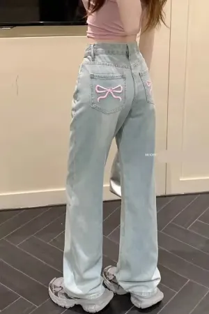 Flytonn-cute winter outfits casual winter outfits christmas outfit party look inspos High Waist Cute Pocket Bow Embroidered Long Jeans Pants