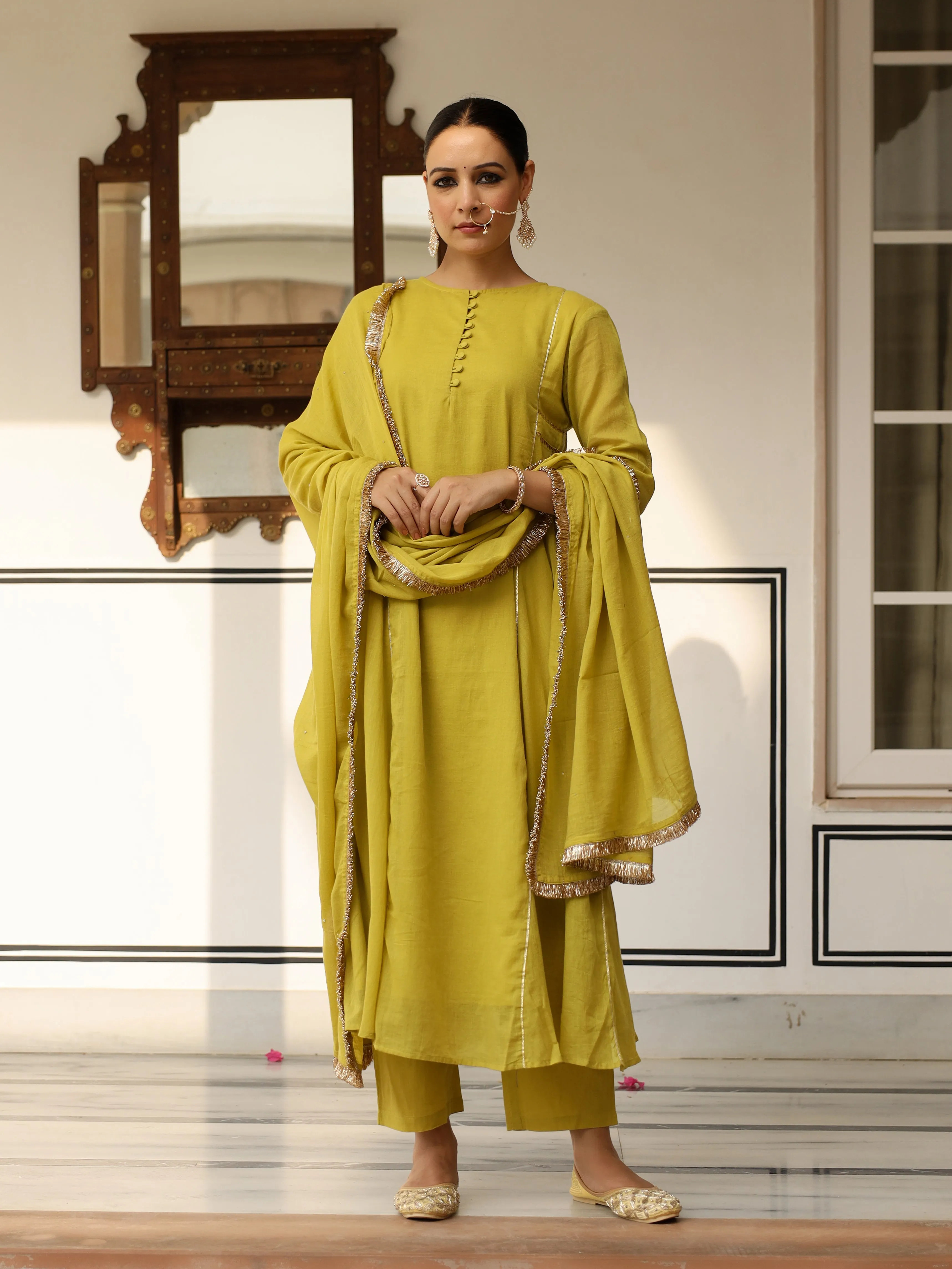 Greenish yellow mulmul cotton anarkali kurta set with trousers and dupatta