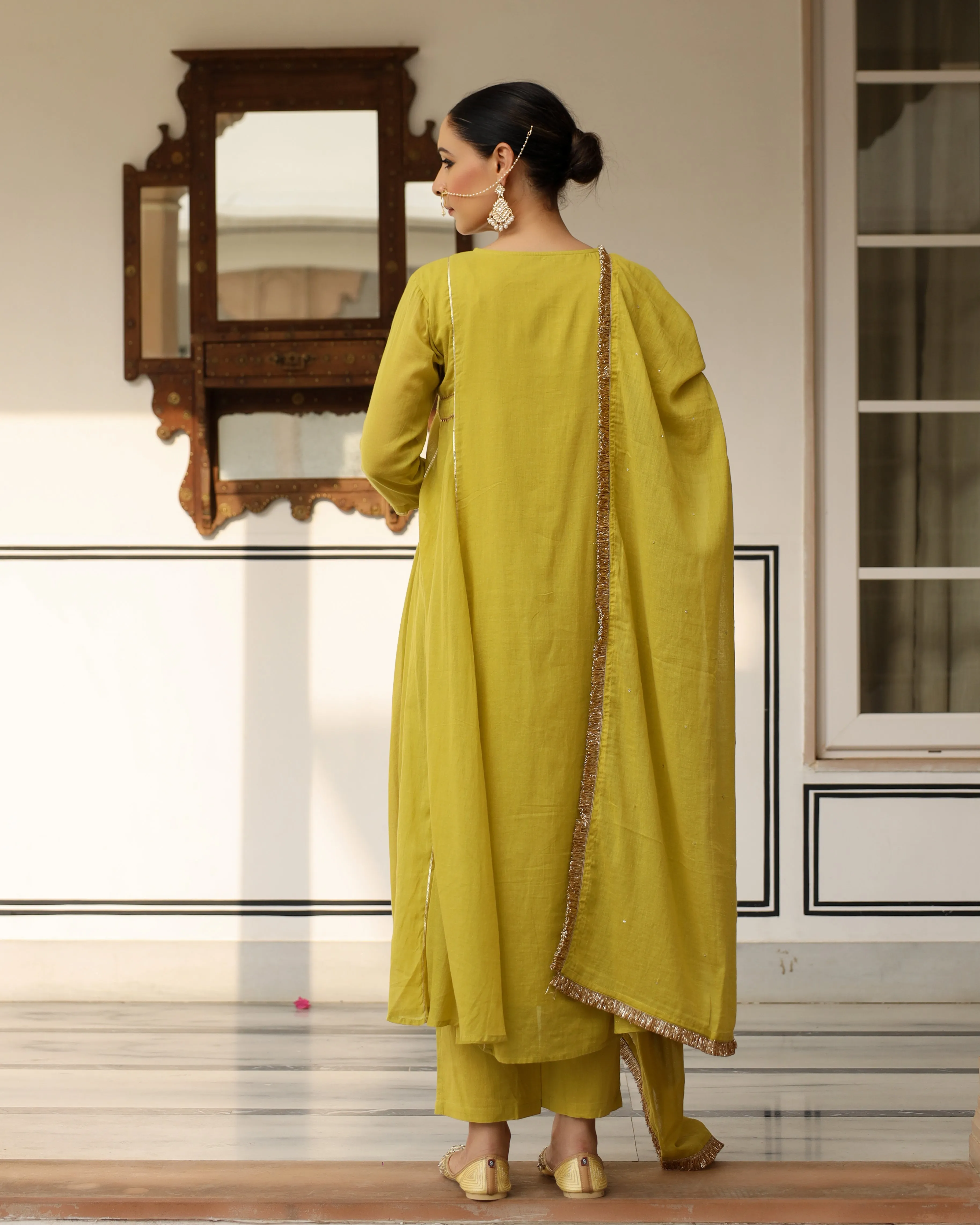Greenish yellow mulmul cotton anarkali kurta set with trousers and dupatta