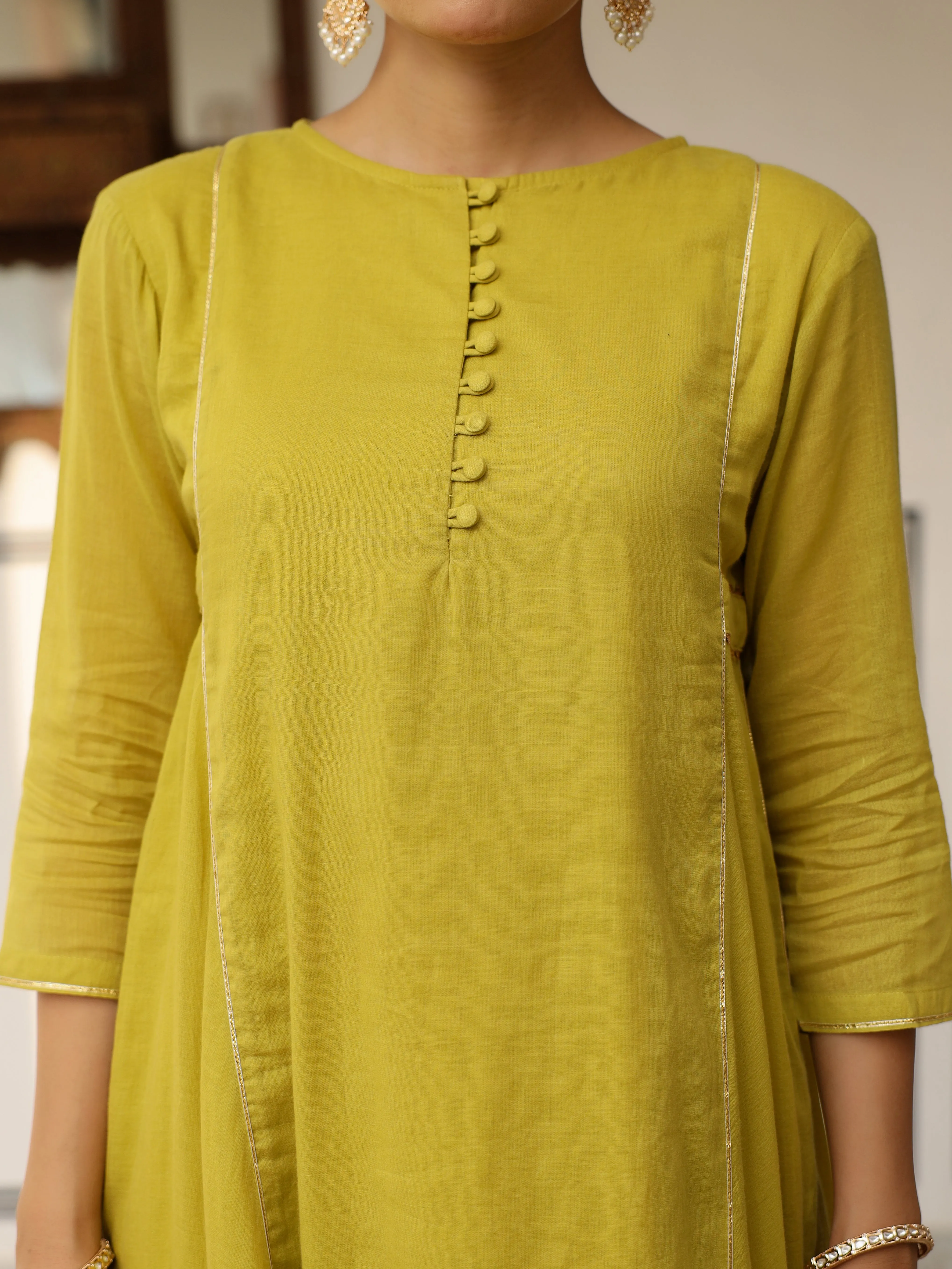 Greenish yellow mulmul cotton anarkali kurta set with trousers and dupatta