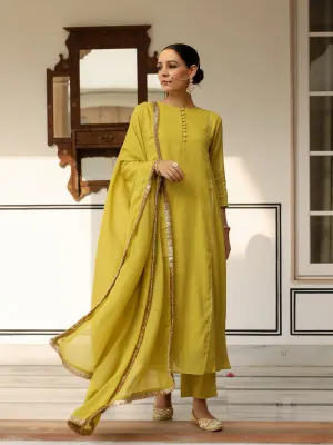 Greenish yellow mulmul cotton anarkali kurta set with trousers and dupatta