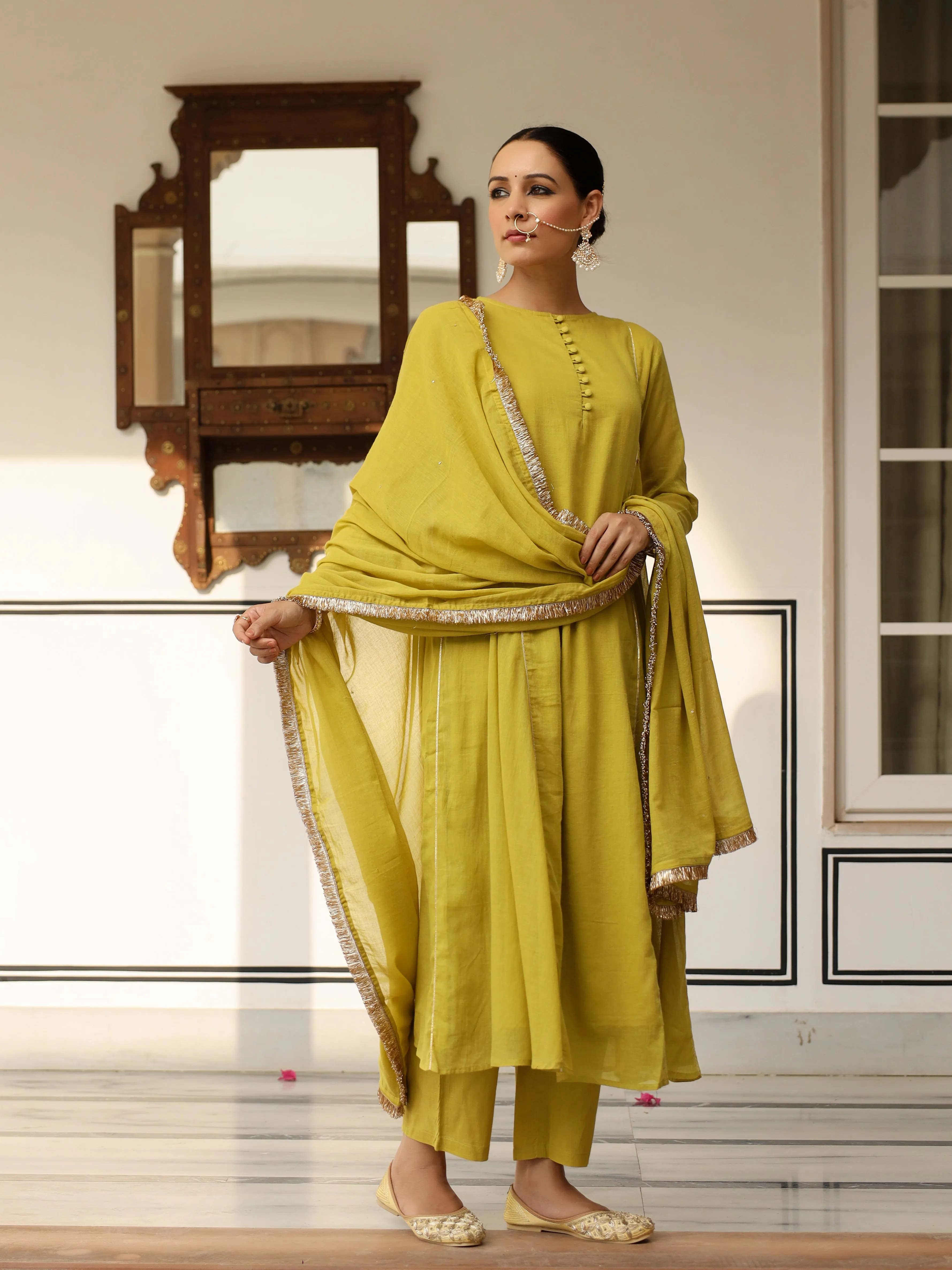 Greenish yellow mulmul cotton anarkali kurta set with trousers and dupatta