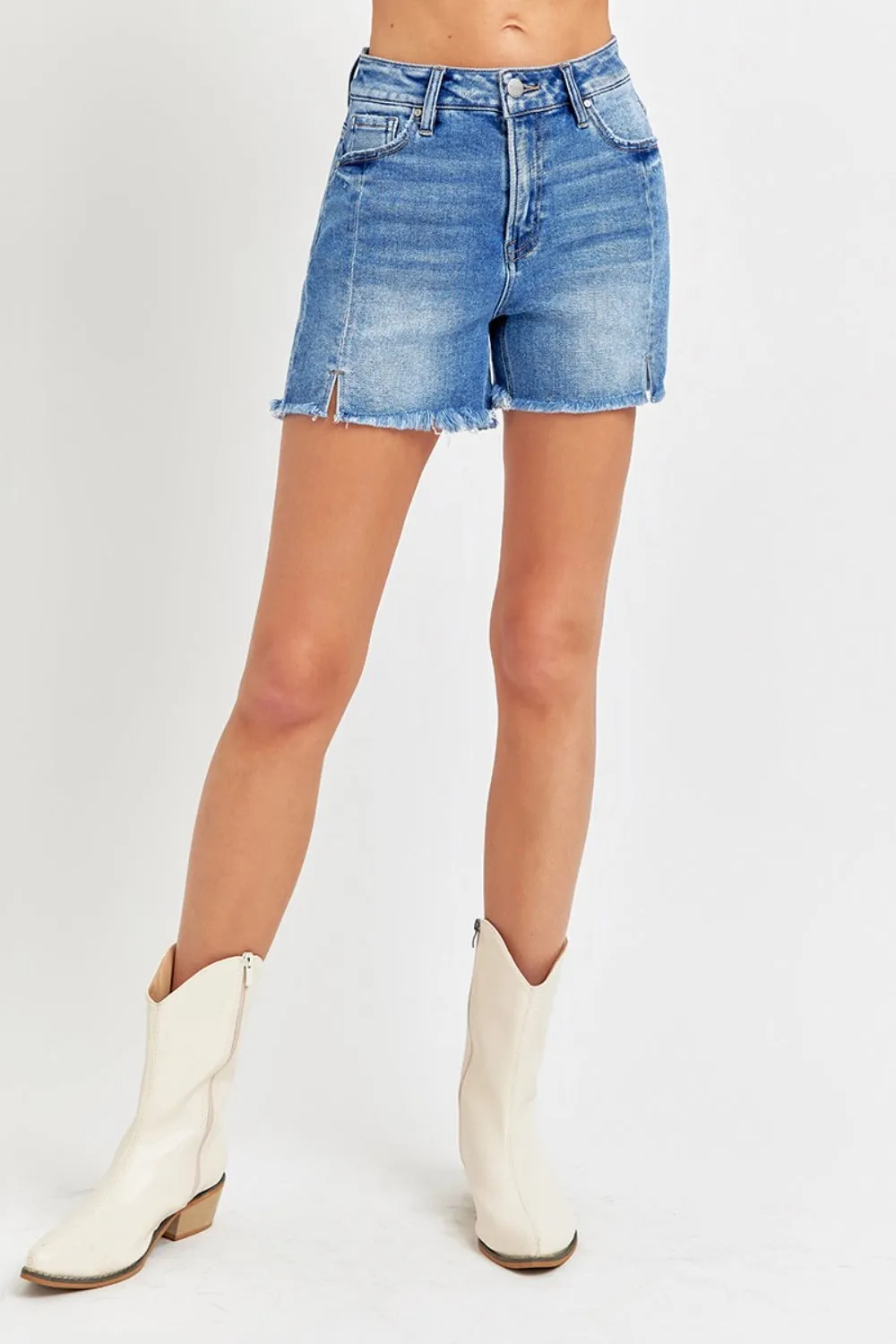 Hazel Blues® |  RISEN Front Slit Raw Hem Denim Shorts