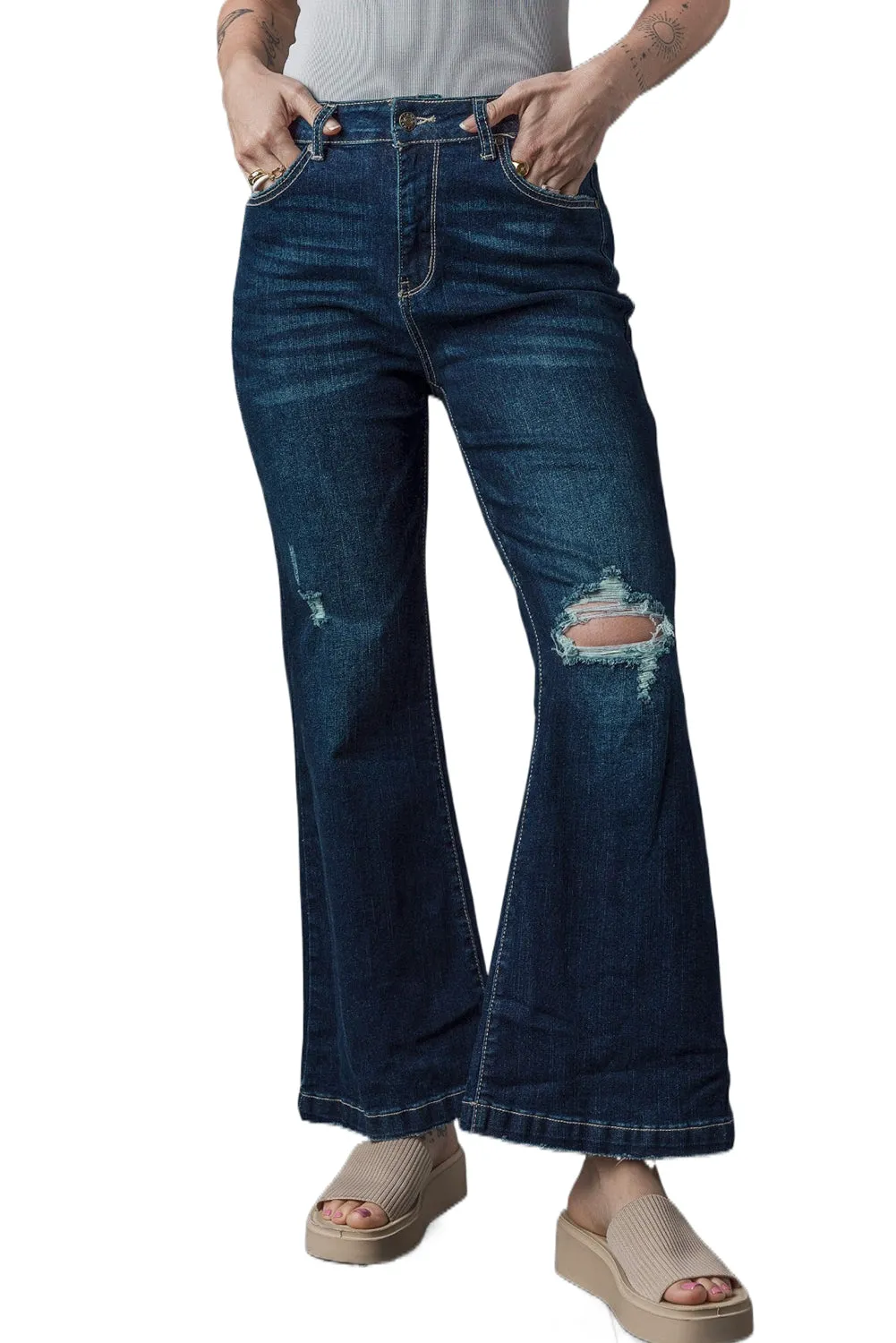 High Rise Ripped Bell Bottom Jeans