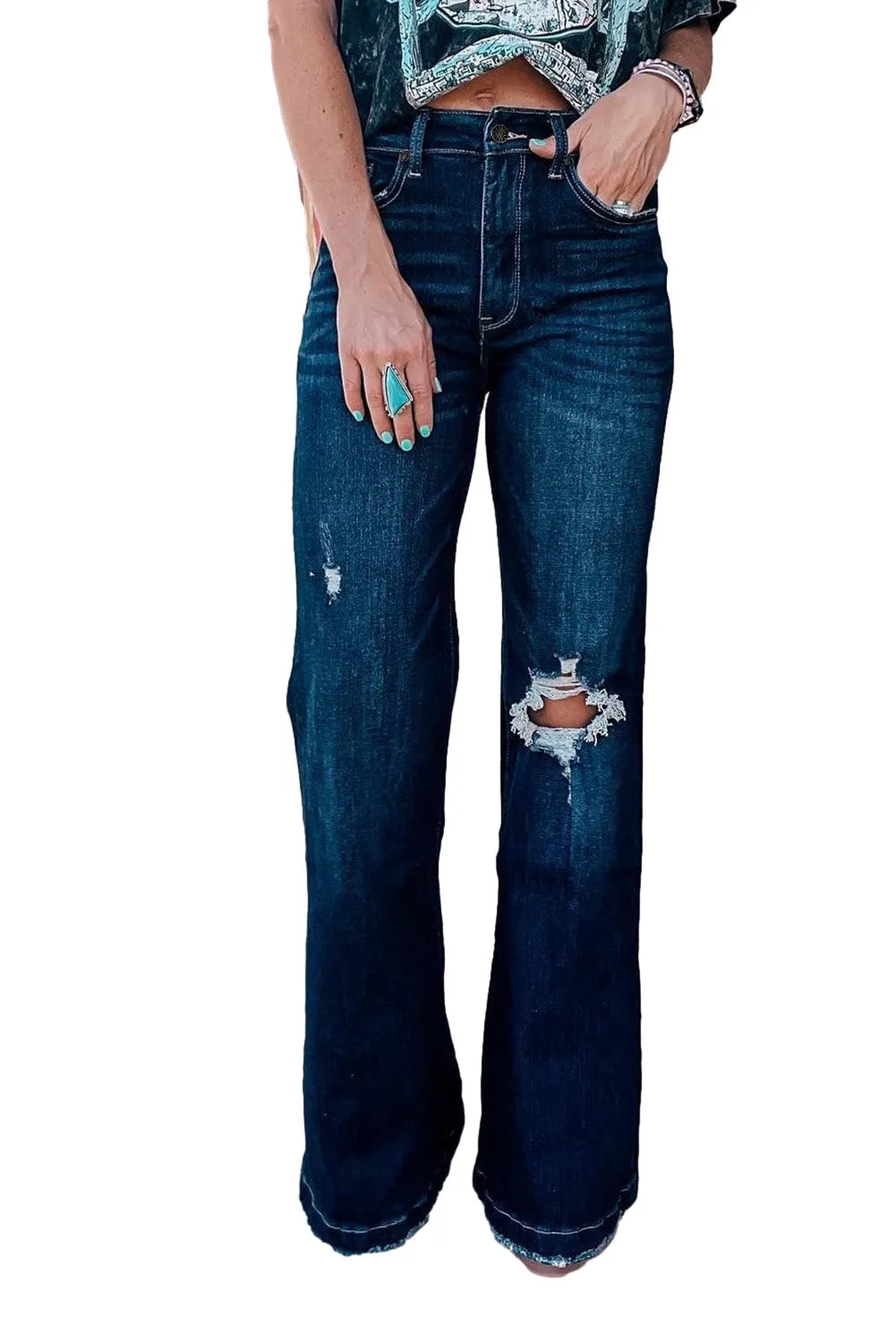 High Rise Ripped Bell Bottom Jeans