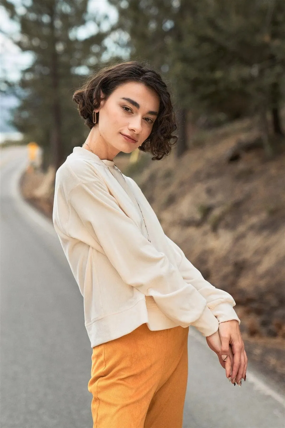 Ivory Corduroy Long Volume Sleeve High Neck Top