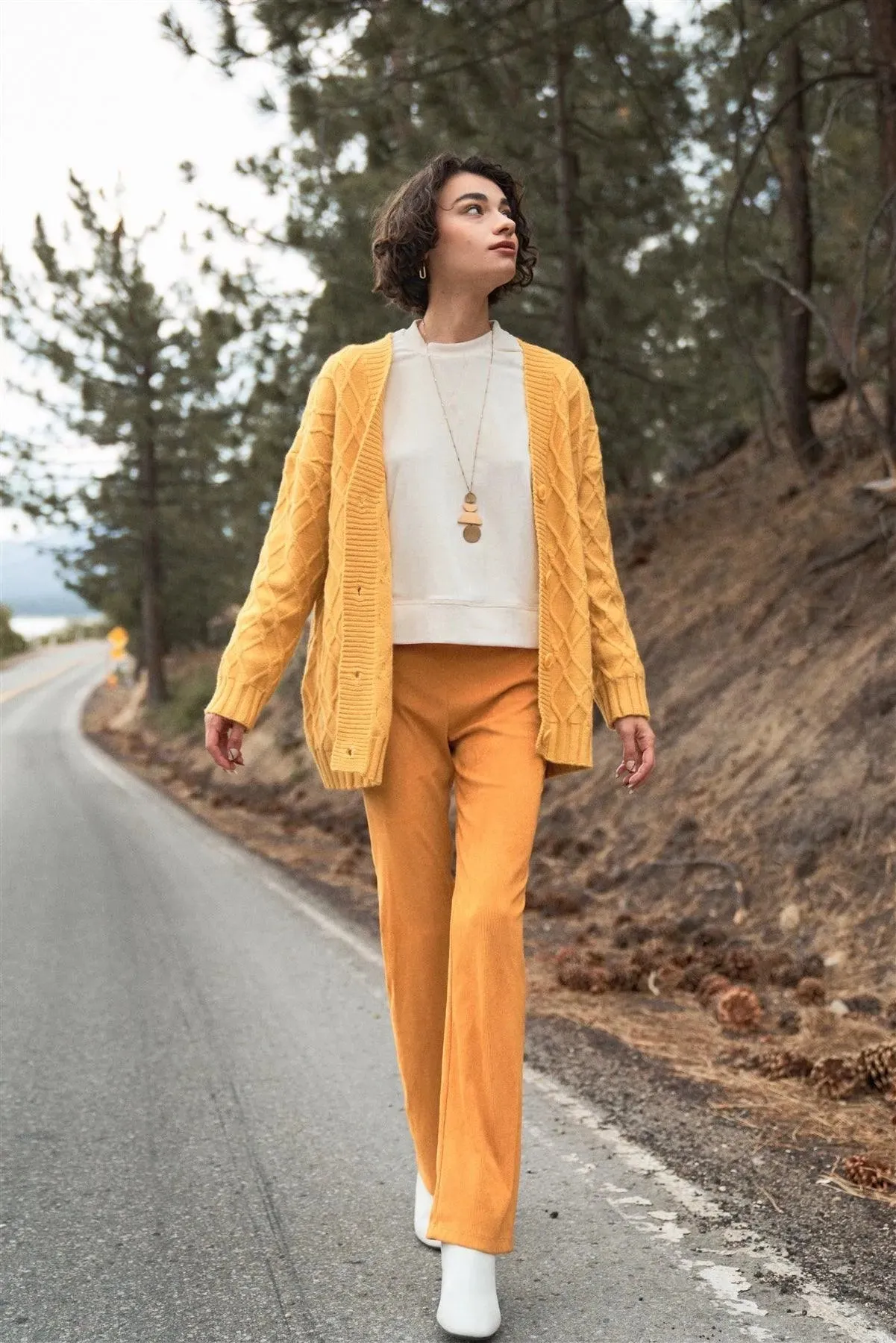 Ivory Corduroy Long Volume Sleeve High Neck Top