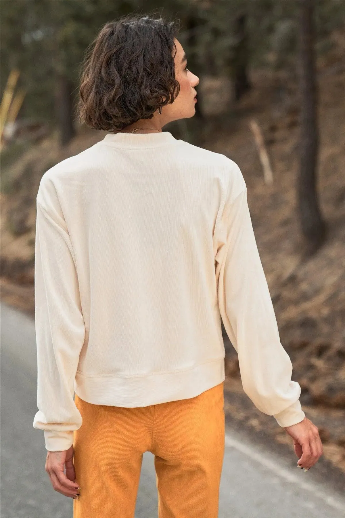 Ivory Corduroy Long Volume Sleeve High Neck Top