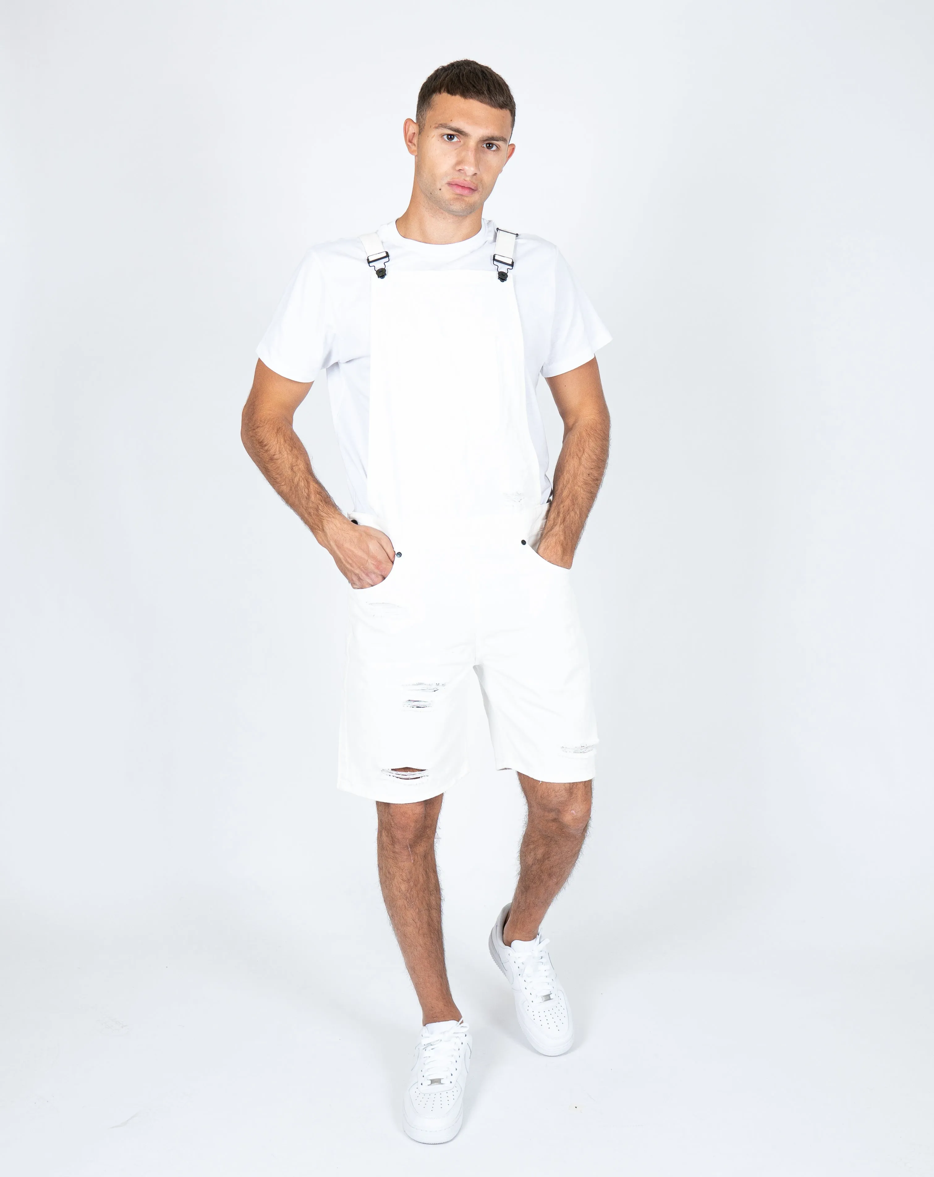 Louisiana White Distressed Denim Overall Shorts